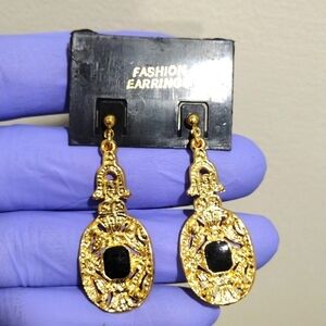 Women's Stylish Gold-tone Filigree Black Color Stone Drop Dangle Earrings, 1.75"